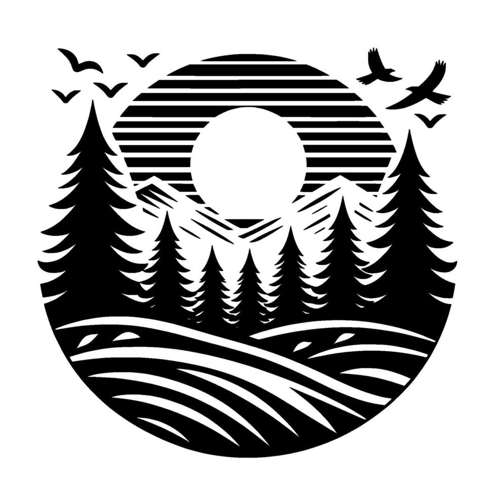 Stylized Black and White Nature Scene within a Circular Frame, Featuring Pine Trees, Mountain Range, Sunset, and Birds in Flight. vector