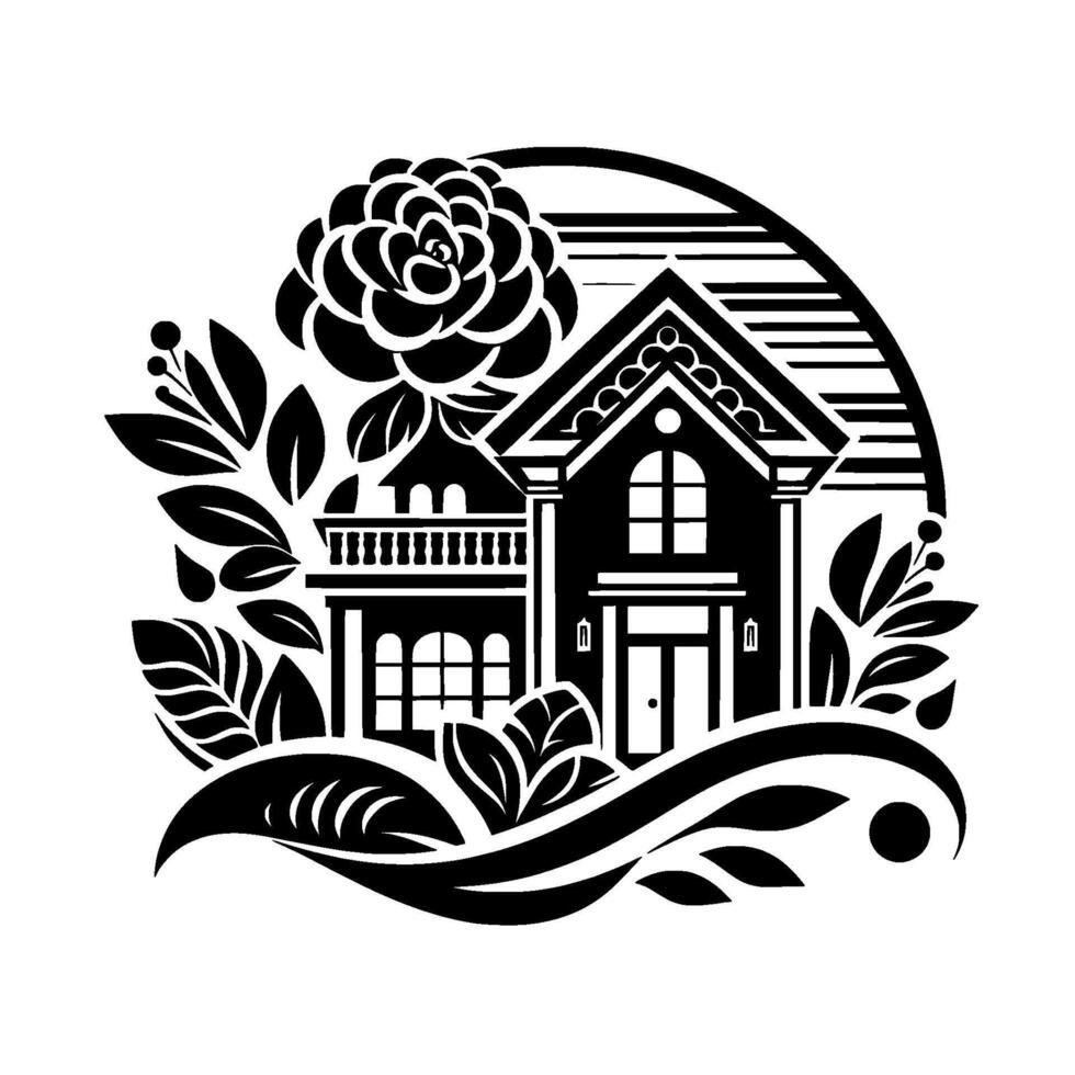 Black White Illustration of a House Surrounded by Floral Elements and Decorative Foliage in a Circle. vector