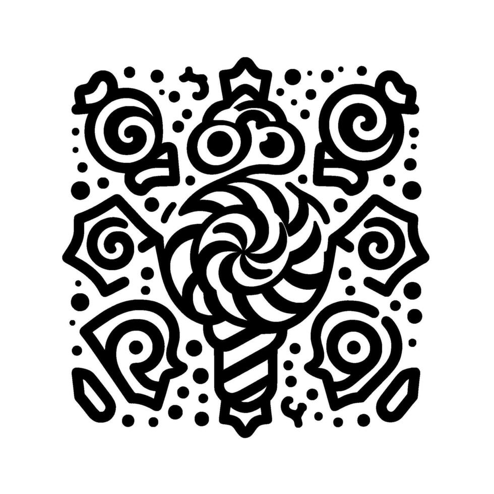 Whimsical Black and White Illustration Featuring Swirling Candy Surrounded by Stylized Decorative Elements in a Square Composition. vector