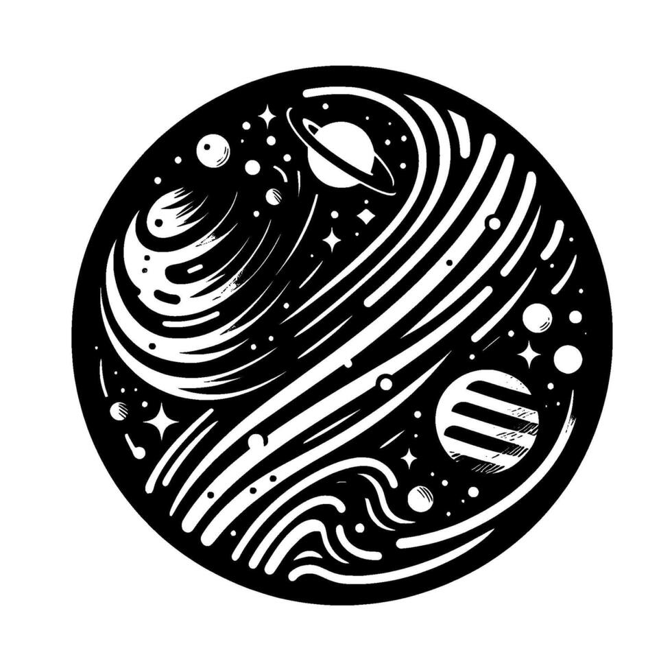 Monochrome Celestial Circle A stylized cosmic illustration featuring swirling galaxies, planets, stars, and a ringed planet within a black circle. vector