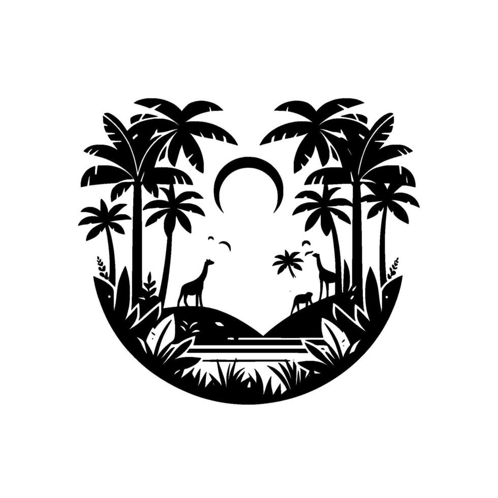 Black and white circular silhouette of a savanna scene with giraffes, palm trees, crescent moon, and landscape details. vector