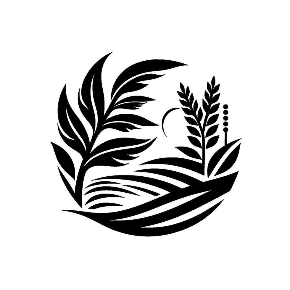 Circular, stylized monochrome featuring wheat and foliage, suggesting a farm or agricultural brand, set against a white backdrop. vector