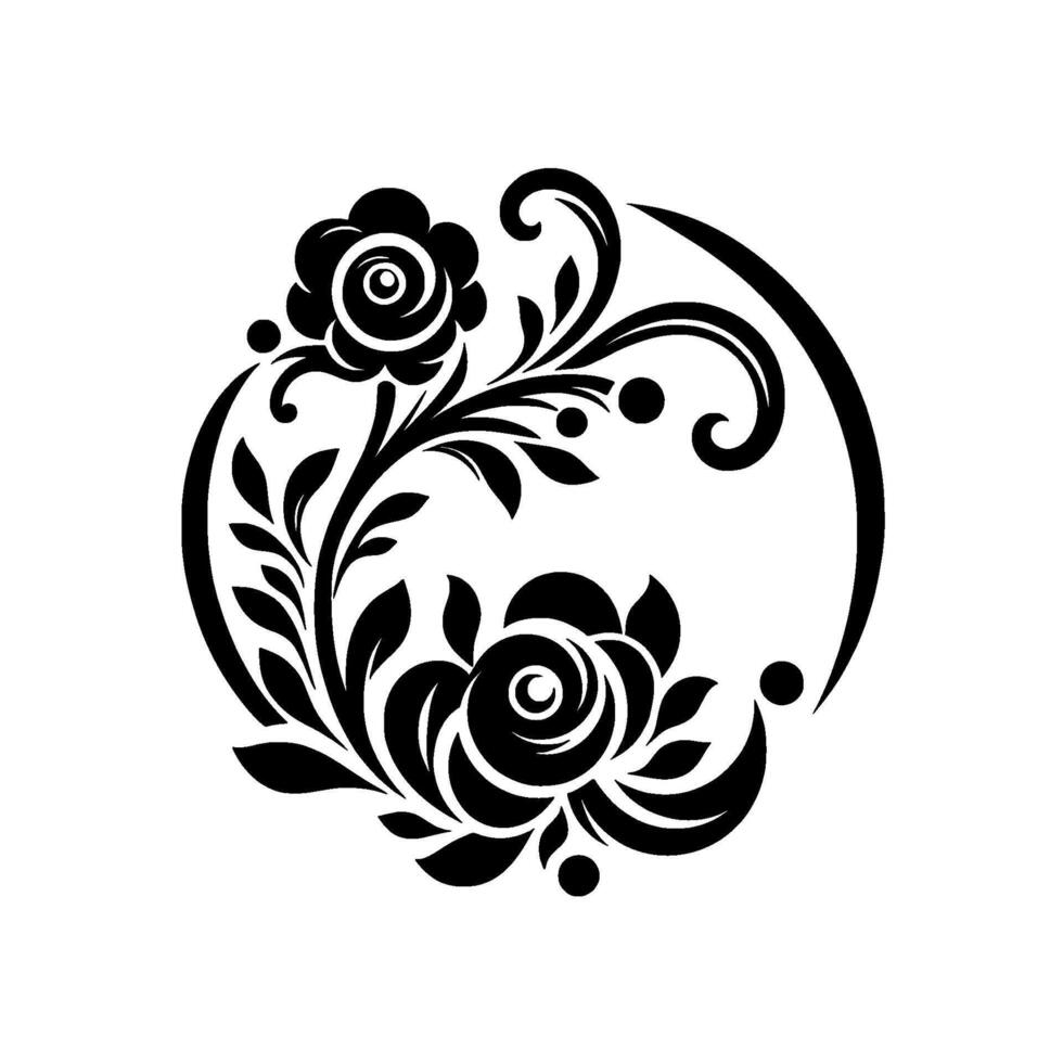 Intricate floral emblem in black and white, featuring stylized roses, leaves, and swirling vines encircled by a partial frame. vector