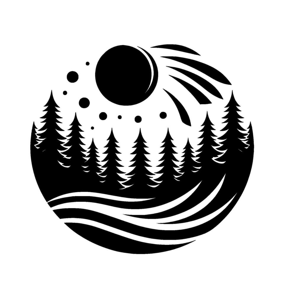 Black and white minimalist circular featuring silhouette of pine trees, sun, shooting stars, and water, evocative of a forest landscape. vector