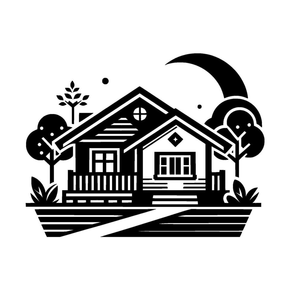Minimalist Black and White Illustration of a House with Trees and Crescent Moon, Geometric . vector
