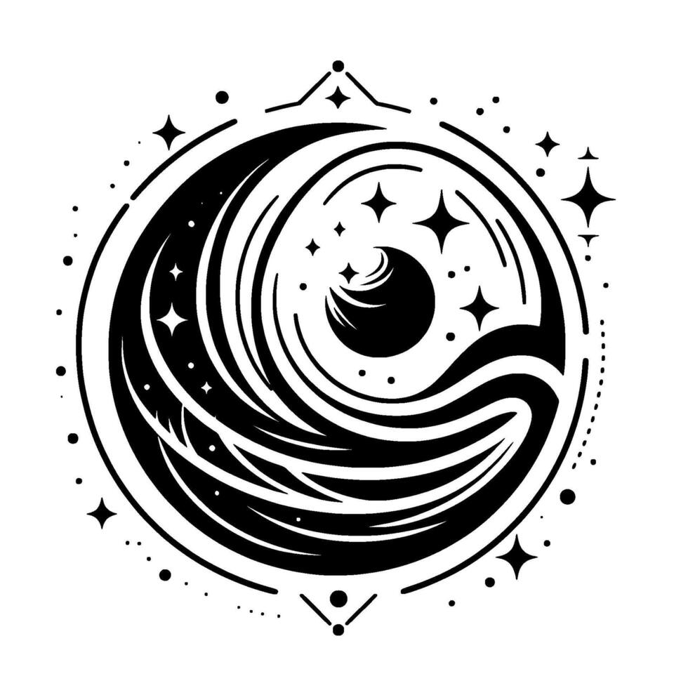 Black and white celestial featuring a stylized crescent moon, starscape within a circular frame, and minimalist decorative elements. vector