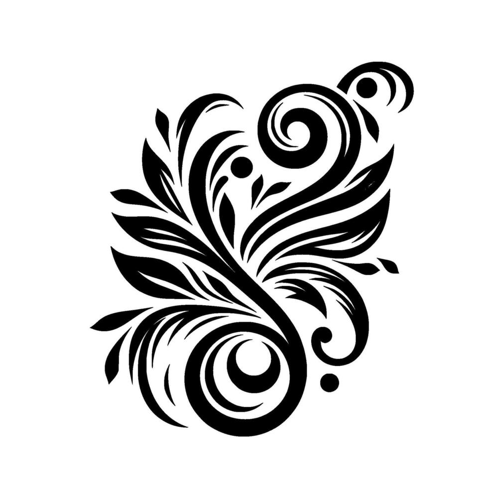 Elegant Black and White Floral Swirl with Leaves and Spirals on a Clean White Background, Minimalist Ornament. vector