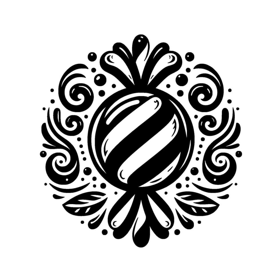 Ornate Black and White Candy , Decorative Swirls, Striped Sweet, Symmetrical, Isolated on White, Detailed . vector
