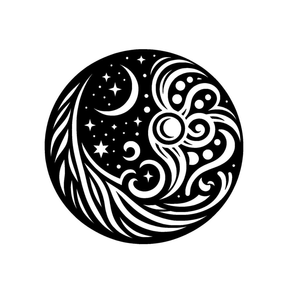 A Celestial Circle Intricate Black White Depicting Moon, Stars, and Swirling Ornaments. vector