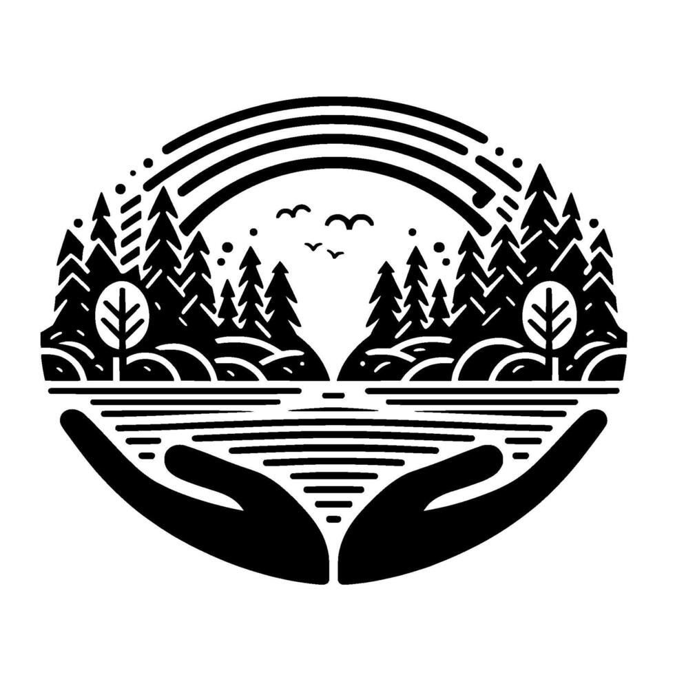 Black and White Nature Scene Held in Hands Forests, Rainbow, Birds, and Water, Symbolizing Protection. vector