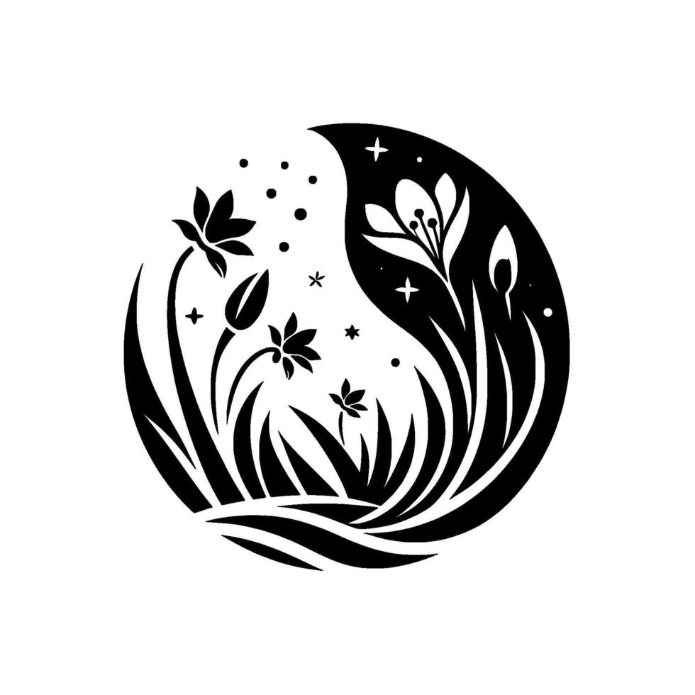 Stylized Black and White Floral with Various Flowers, Grasses, and Abstract Symbols Inside a LunarShaped Frame. vector