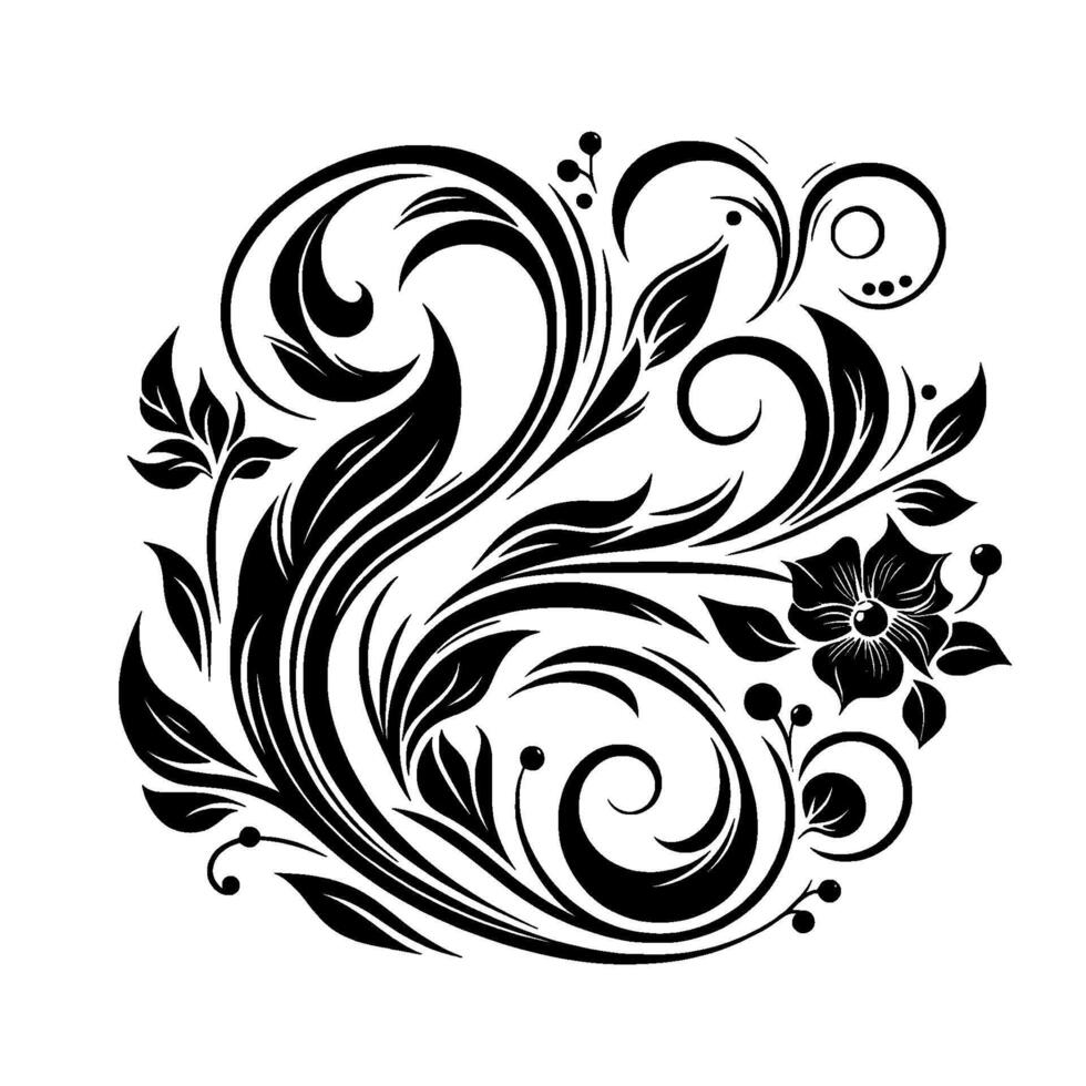 Intricate Black White Floral Ornament Swirling Leaves, Flower, Berries, and Artistic Curls on a White Canvas. vector