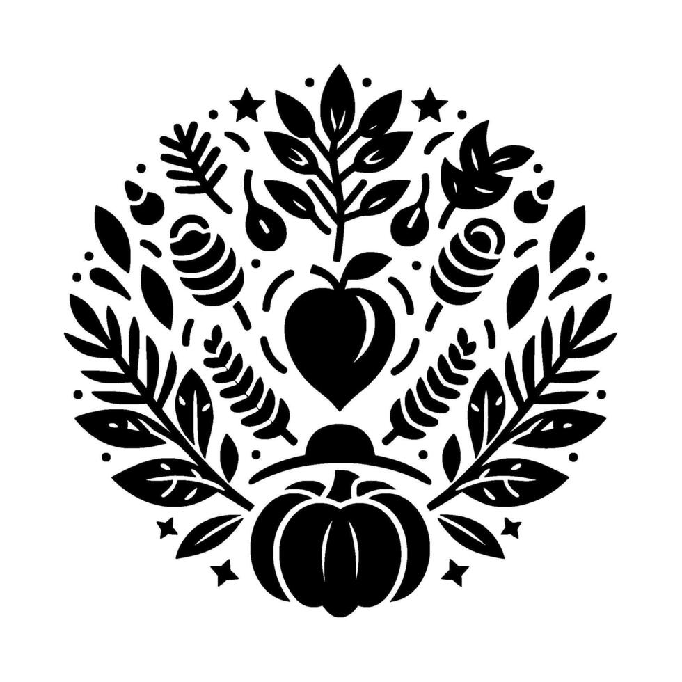A stylized black and white circular arrangement of harvest elements including peach, pumpkin, leaves, stars, and foliage. vector