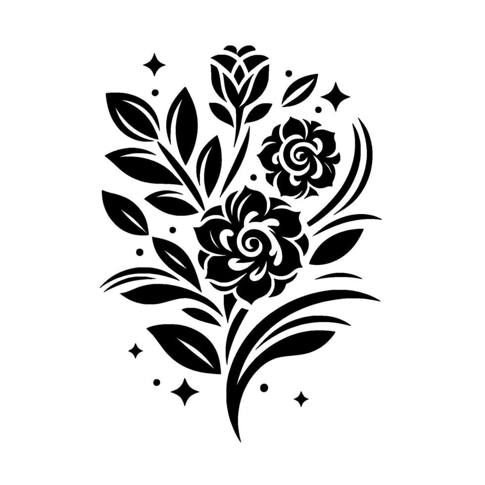 Elegant Black White Floral Stylized Roses, Leaves, and Twirls with Starry Accents, Illustrating a Decorative Bouquet. vector