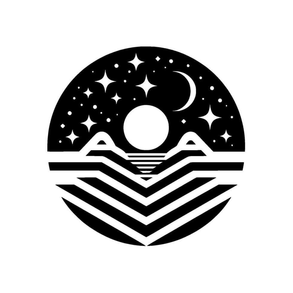 Minimalist Circle Composition Nightscape with Moon, Stars, Mountains, and Linear Landscape Elements. vector