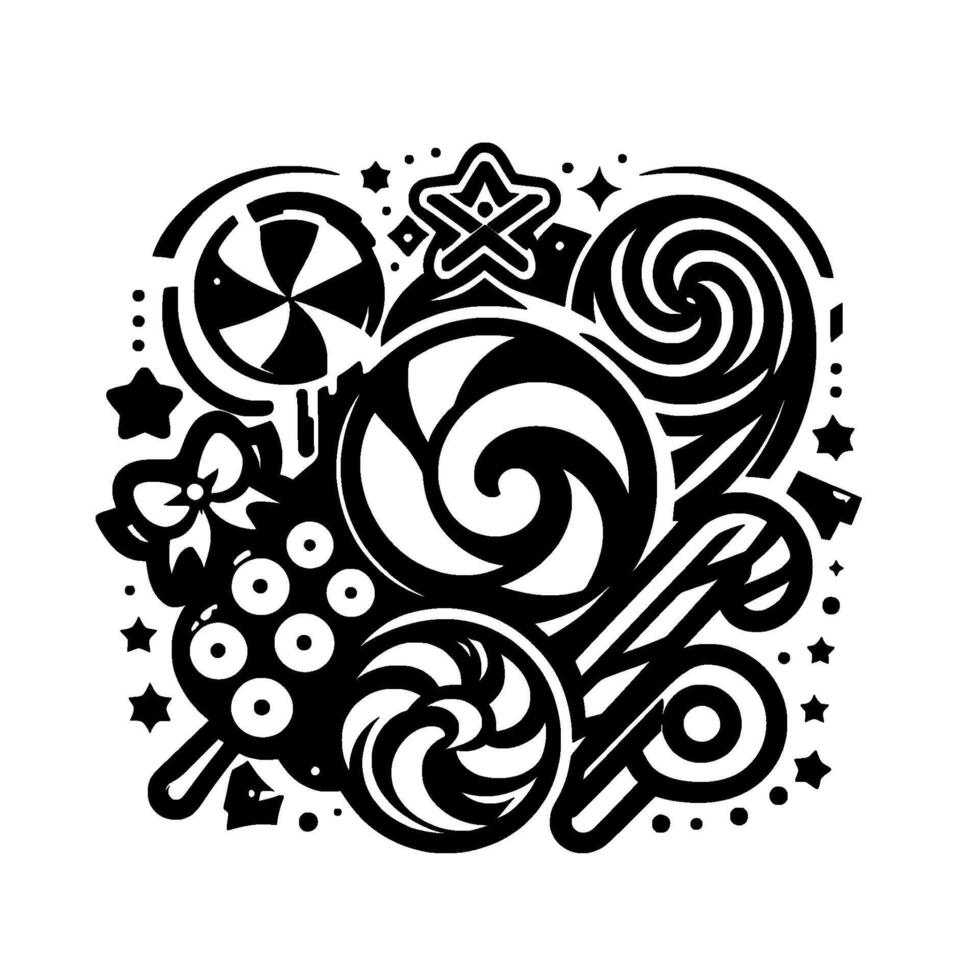 Candy Assortment Whimsical Black and White Illustration of Lollipops, Swirls, and Starbursts, Festive . vector