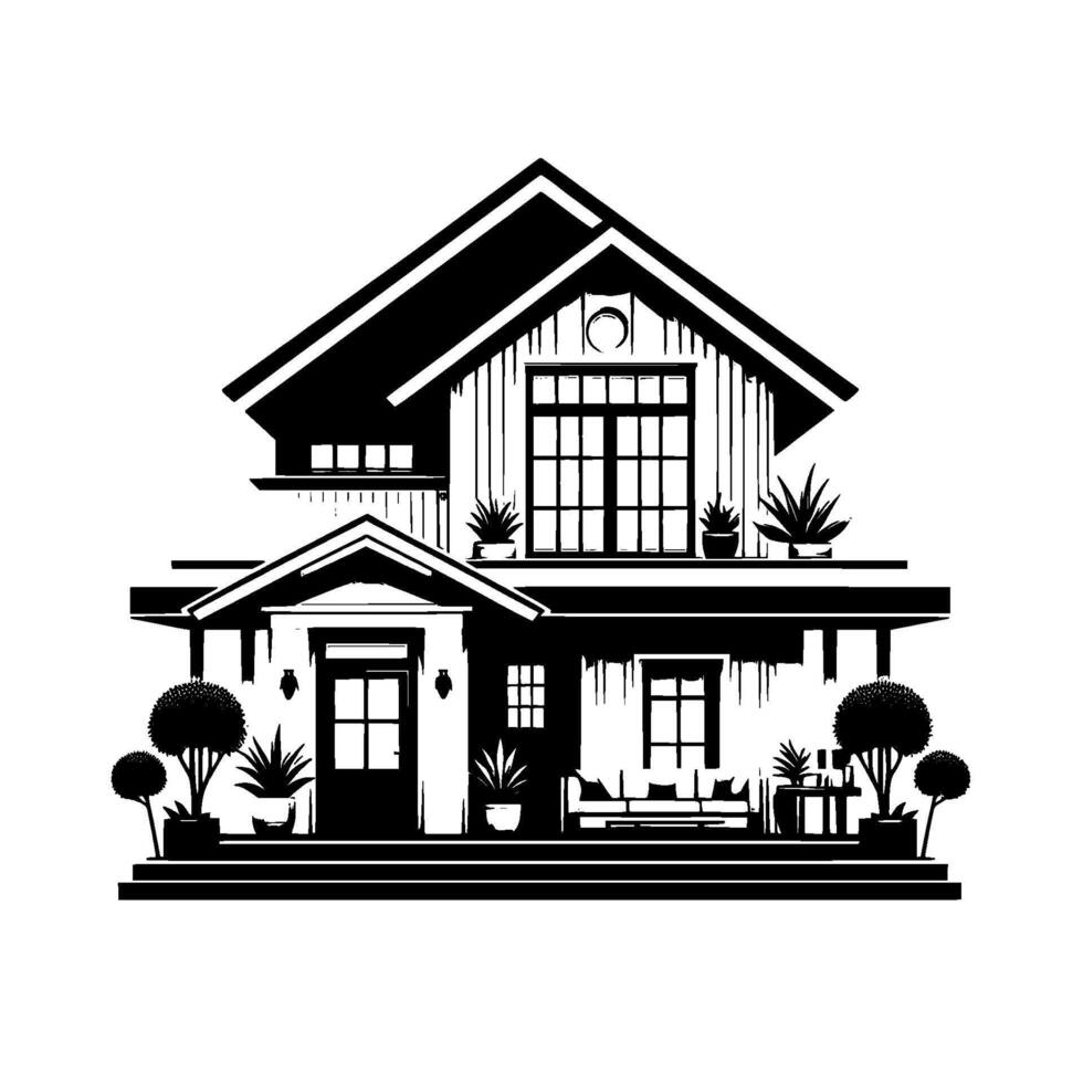 Elegant Black and White House Illustration Modern Farmhouse with Porch, Plants, and Architectural Detail. vector