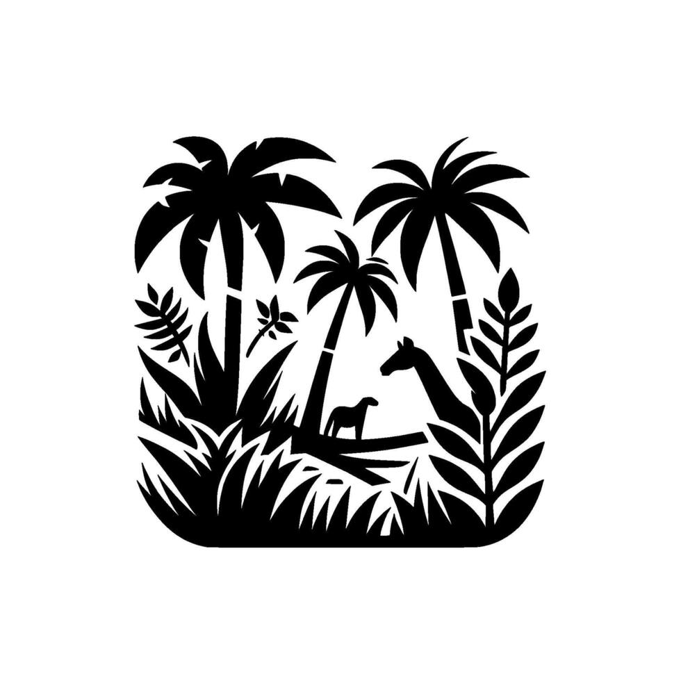 Stylized Black and White Tropical Illustration Palm Trees, Giraffe, and Small Animal in a Jungle Setting. vector