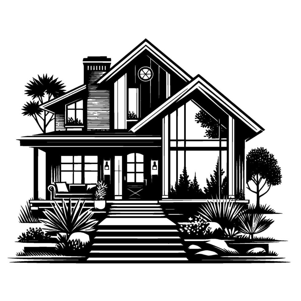 Detailed Black and White Architectural Illustration of a Modern House with Lush Landscaping, including a Grand Entrance and Panoramic Windows. vector