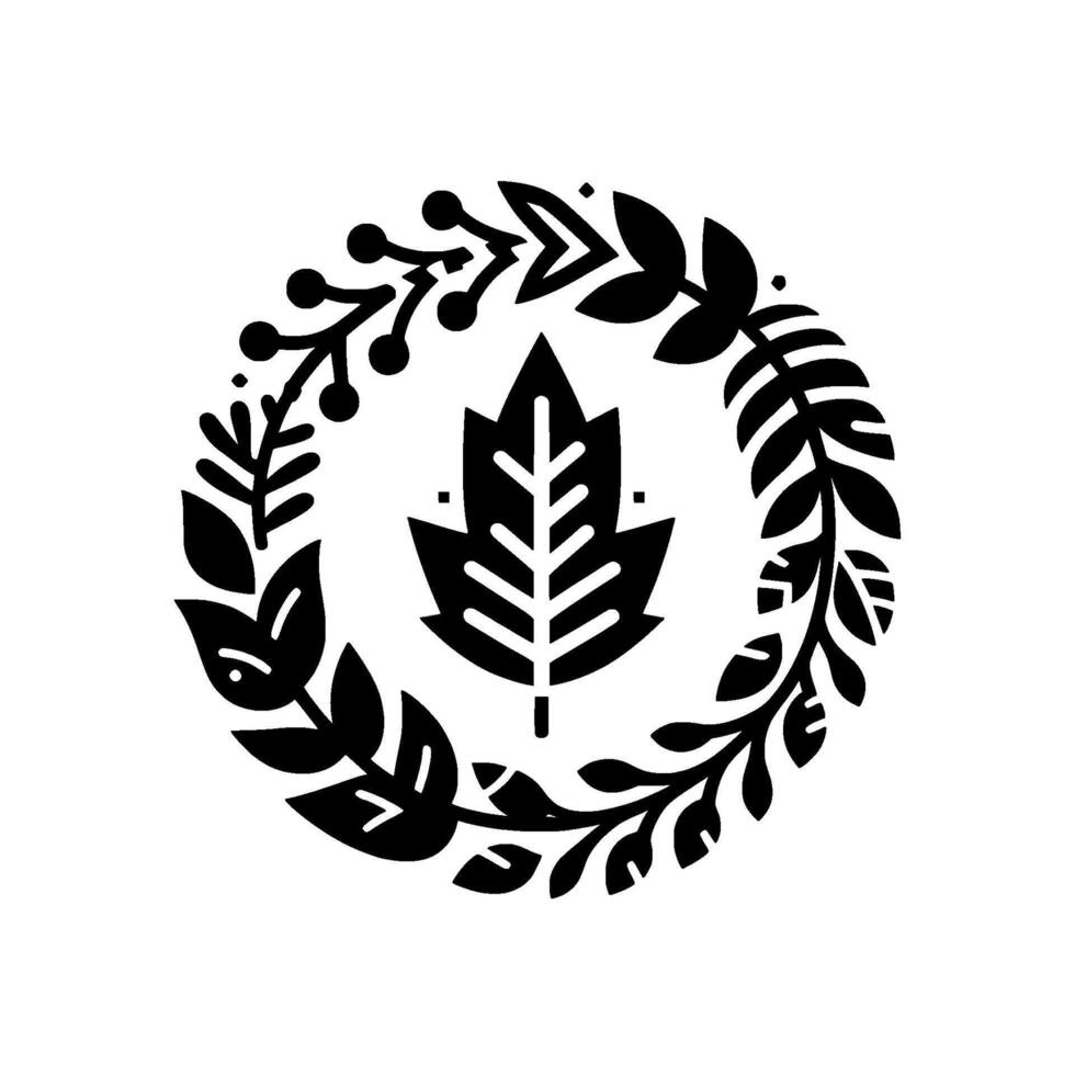 Minimalist Black and White Illustration of a Circular Foliage Wreath Enclosing a Centered Stylized Leaf, Evoking Natures Embrace. vector