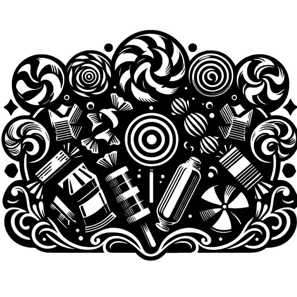 Monochrome Candy Extravaganza A Stylized Display of Lollipops, Sweets, Candies, and Confectionery Delight in Intricate Black and White. vector