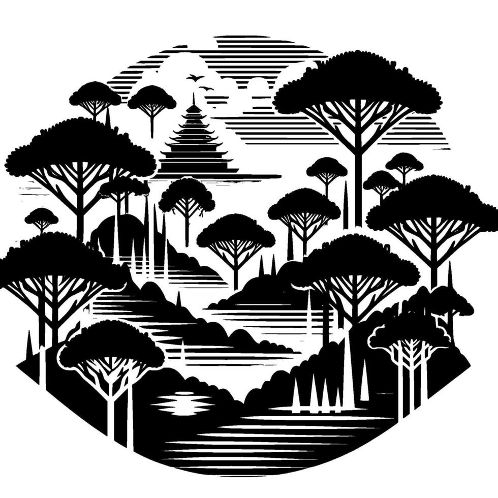 Black and white minimalist illustration of a serene landscape featuring stylized trees, a pagoda, and a lake, within a circular frame. vector