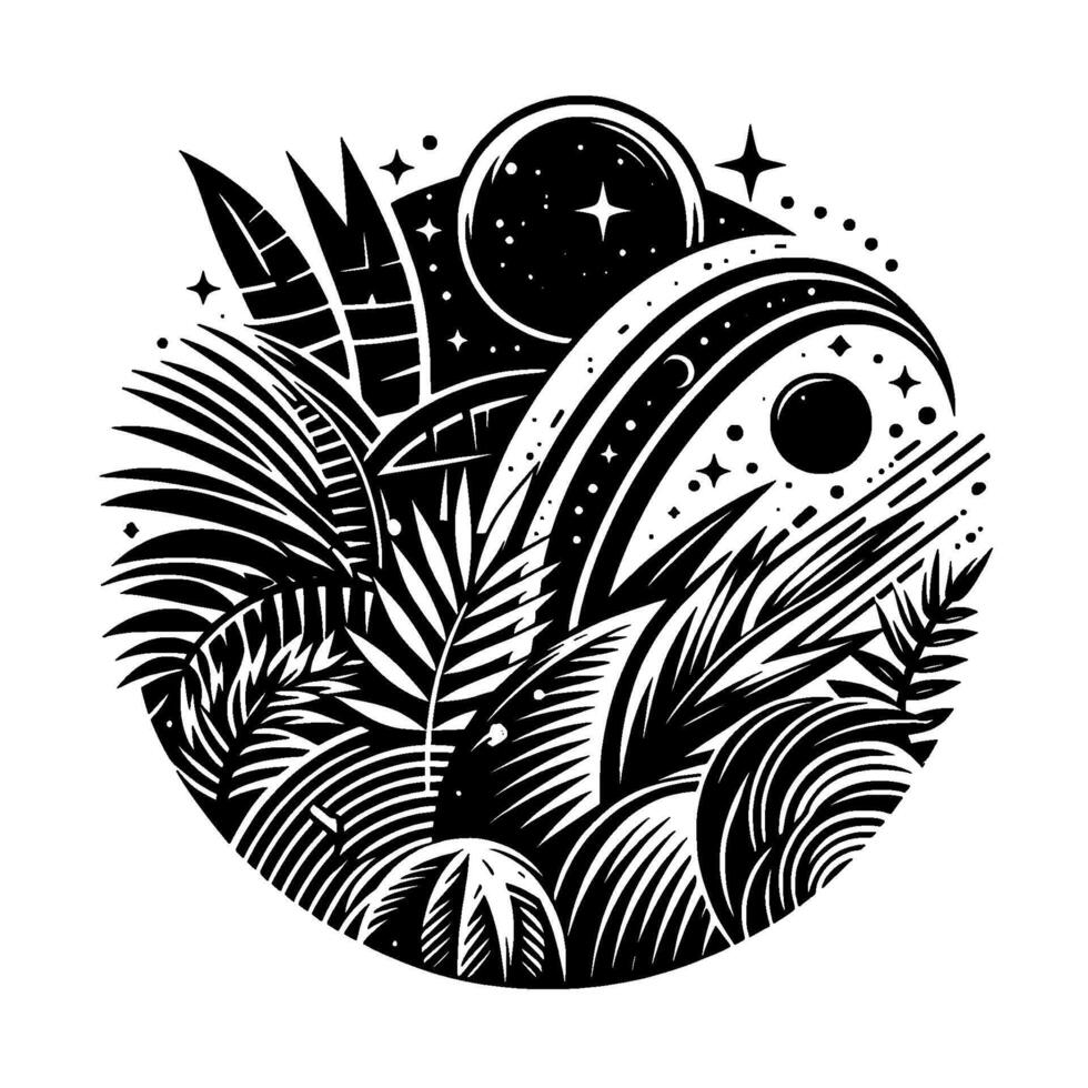 Celestial Garden A Black and White Circular Illustration of Tropical Foliage Intertwined with Cosmic Elements like Planets and Stars. vector