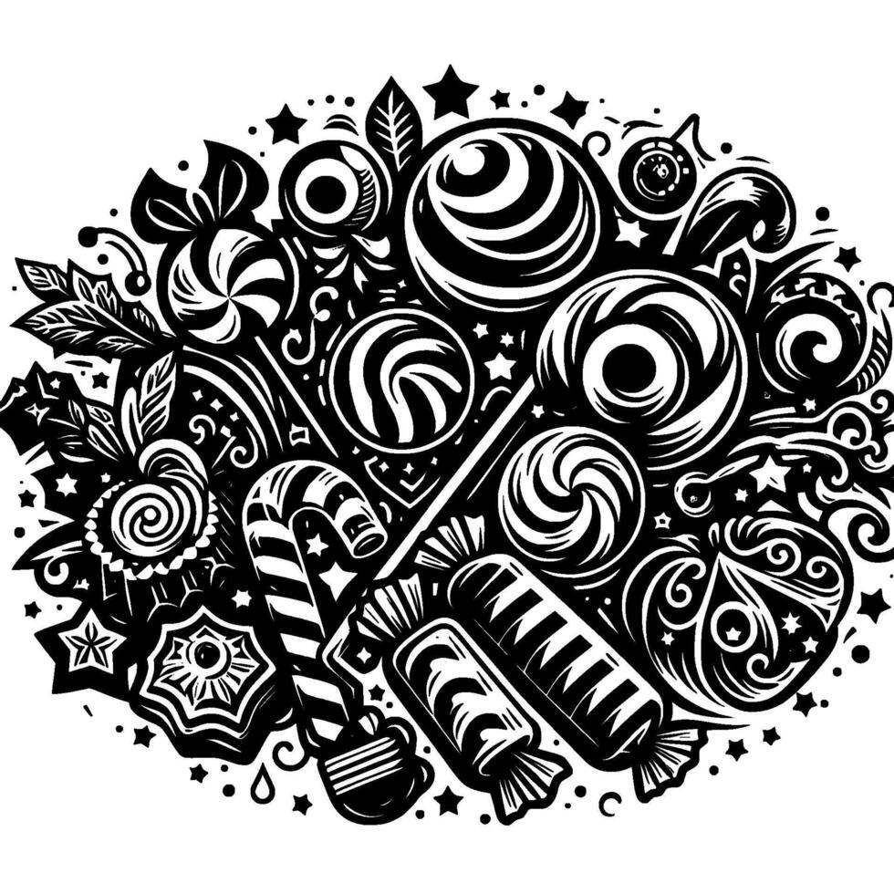 Intricate black and white illustration of a candy and sweets arrangement with lollipops, candy canes, and decorative elements creating a whimsical, festive scene. vector