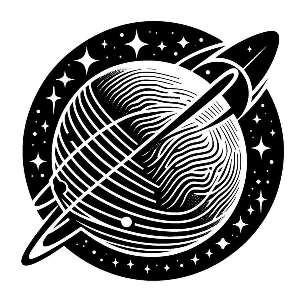 A surreal blackandwhite cosmic illustration, combining a planetlike yarn ball with a needle piercing through, surrounded by a starry cosmos . vector