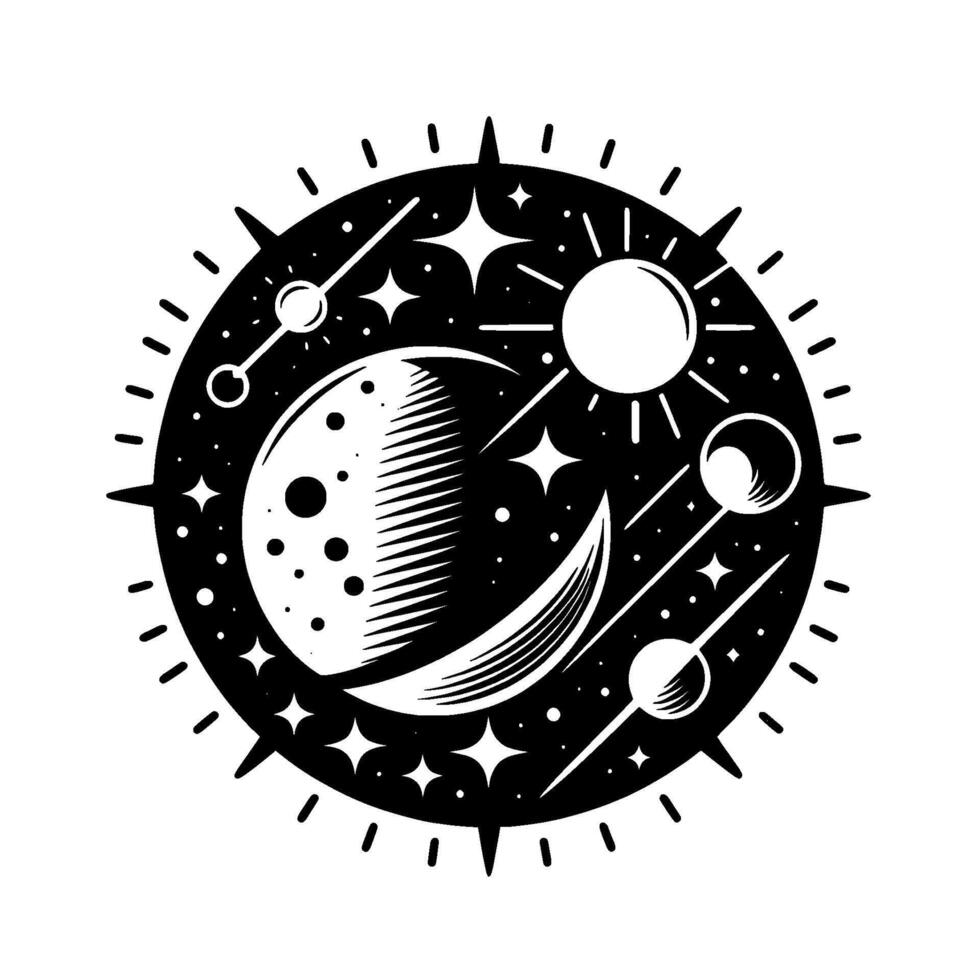 Celestial sphere with crescent moon, sun, stars, and planets depicted in black and white. vector