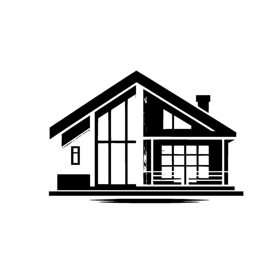 Modern Architectural Illustration Black White House with Large Windows, Chimney, Brick Accent, and Balcony. vector