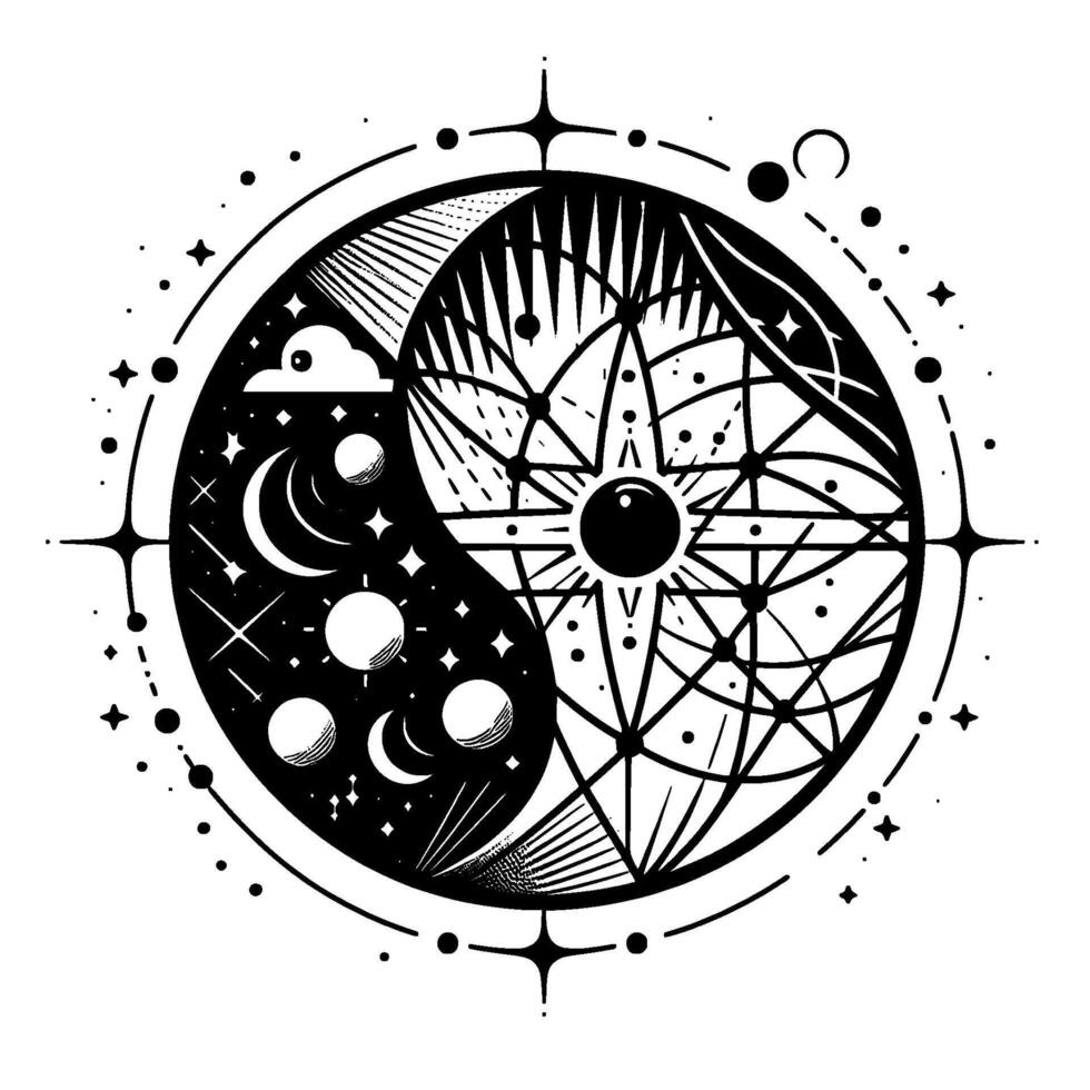 Yin Yang Symbol with Celestial Elements Moon, Stars, Cloud, and Starburst in a Detailed Black and White . vector