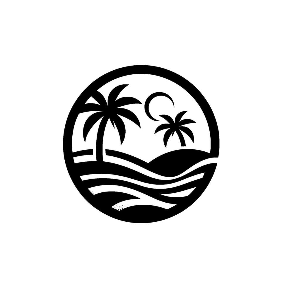 A serene black and white circular depicting a tropical beach scene with palm trees, ocean waves, and a crescent moon, conveying a sense of calm. vector