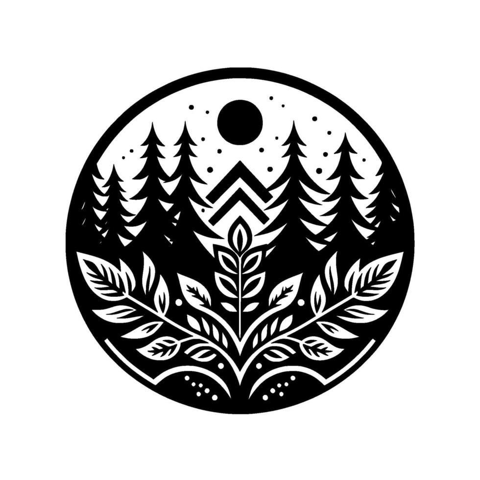 A circular monochrome illustration depicting a serene forest scene with stylized trees, foliage, a mountain, and a moon, evoking natures beauty. vector
