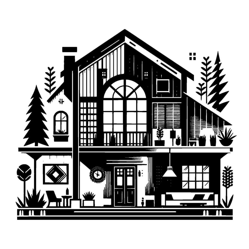 Illustration of a Modern TwoStory House with Architectural Details, Landscaping, and a Minimalist Black and White Aesthetic vector