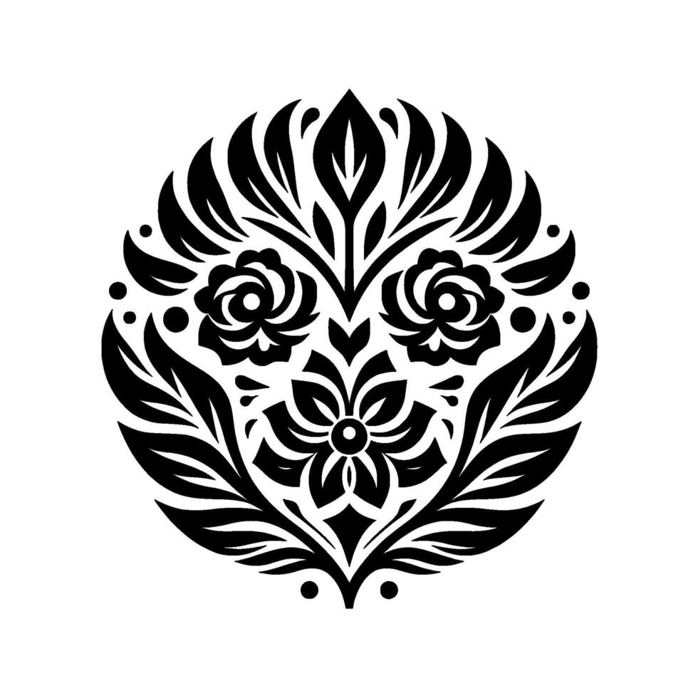 Symmetrical black and white floral with various flower types, leaves, and dots, in a circular formation on a white background. vector