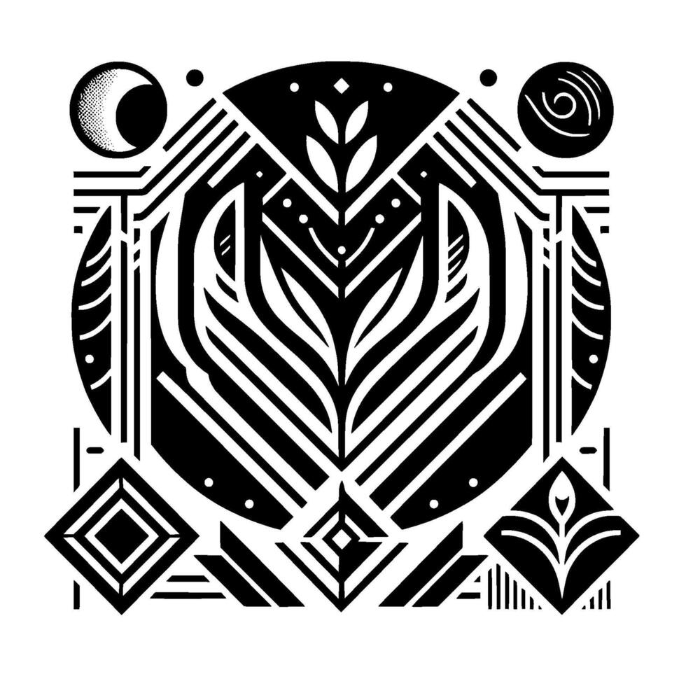 Geometric Black and White Floral Mandala with Crescent Moon, Celestial Swirls, Art Deco Elements and Symmetry on White Background. vector