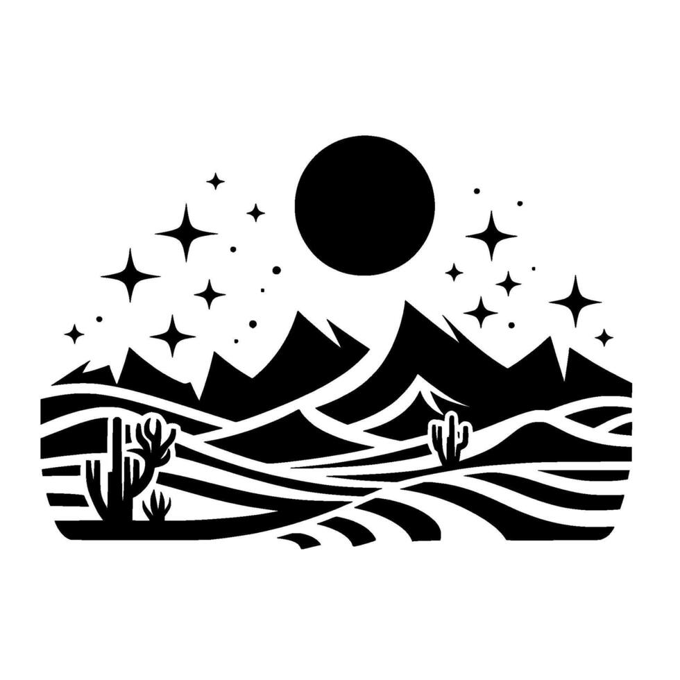 Silhouette of a desert landscape at night mountains, cacti, stars, and a central sun or moon, presented in a stark monochrome . vector