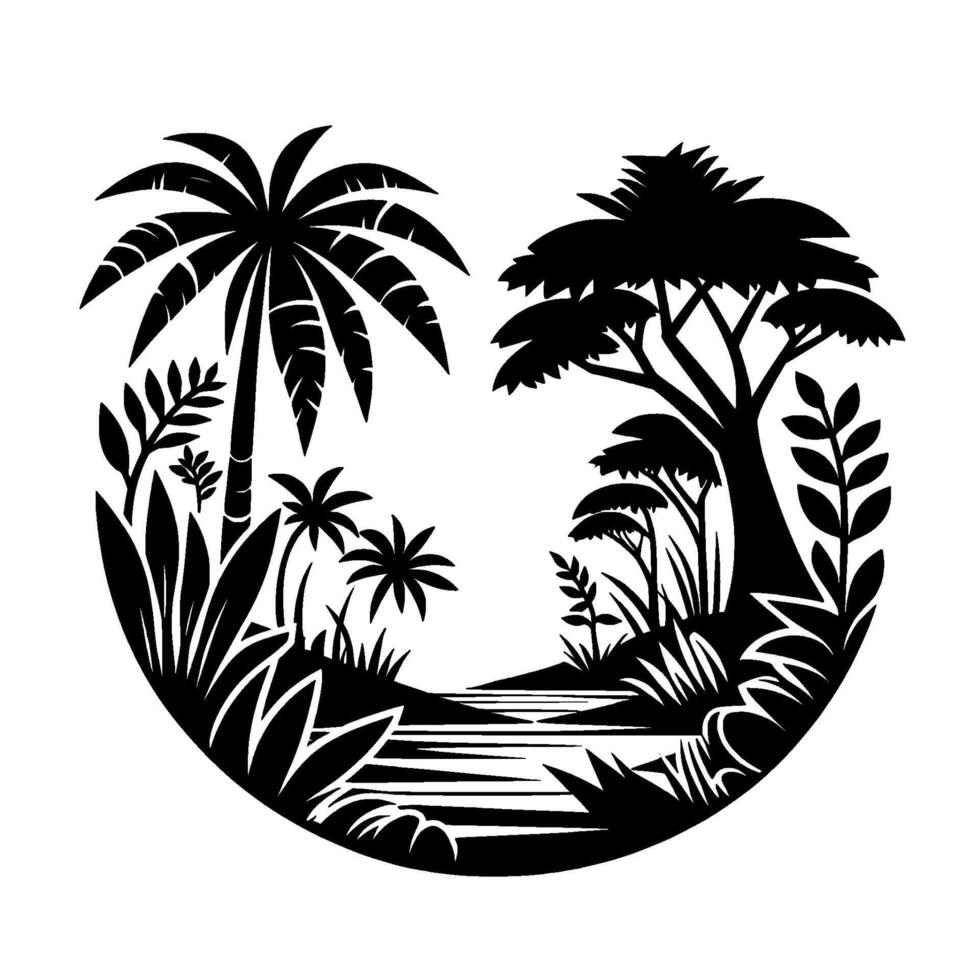 Silhouetted tropical landscape within a heartshaped border, featuring palm trees, river, and lush vegetation, minimalist art style. vector