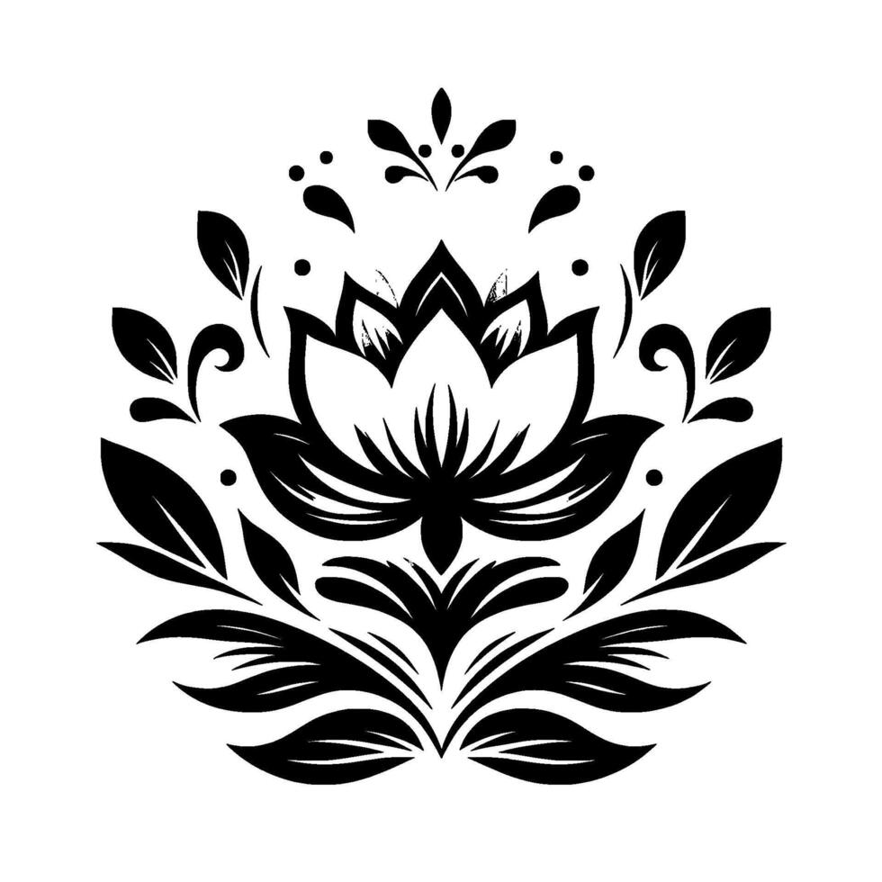Symmetrical Black and White Floral Mandala with Lotus Center, Leafy Embellishments, and Intricate on White Background. vector