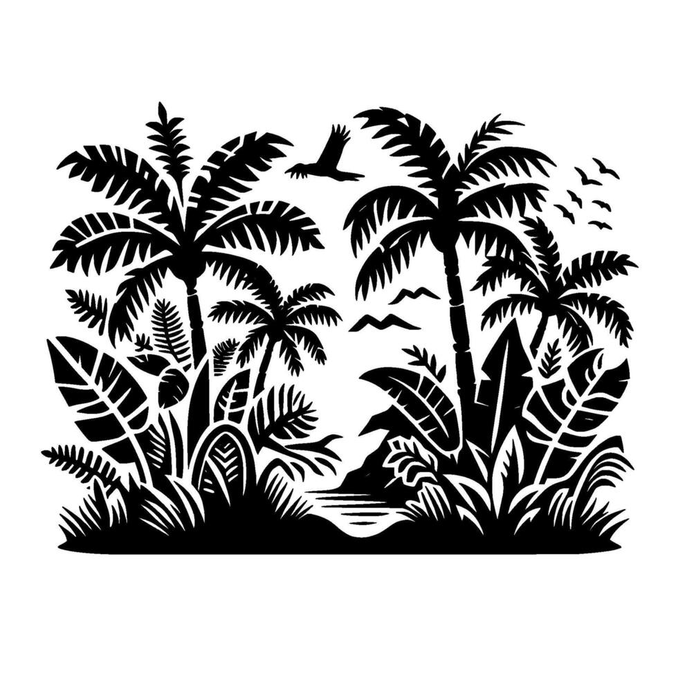 Serene Black and White Tropical Scene Silhouette of Palm Trees, Lush Foliage, Flying Birds, and a Calm Lagoon. vector