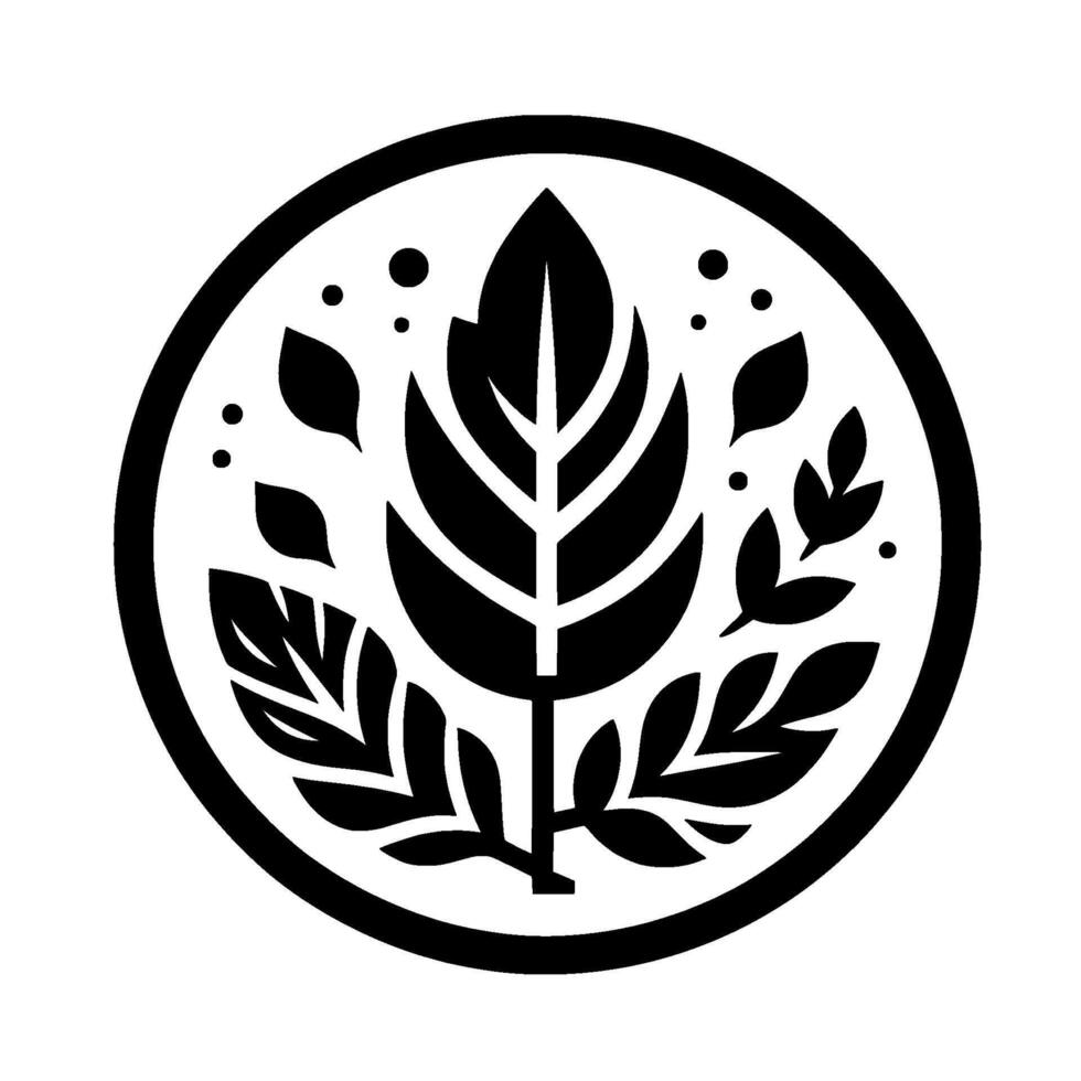 Monochromatic botanical featuring stylized leaves, sprigs, and dots arranged within a circular frame, evoking nature and simplicity. vector