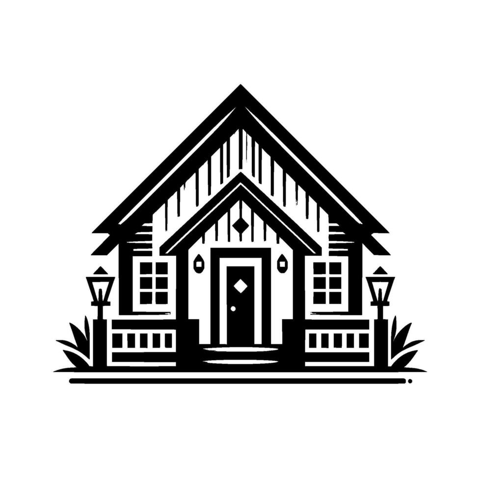 Geometric Black White House Illustration, Featuring Porch, Windows, Lamps, and Simple Architectural . vector