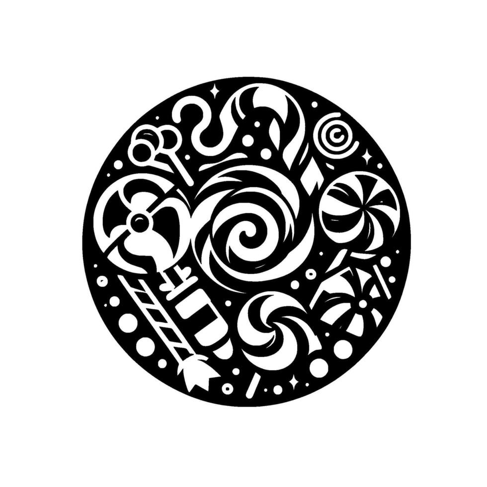 Black and white circular illustration, featuring a whimsical collection of stylized candies, lollipops, and sweets arranged within a decorative . vector