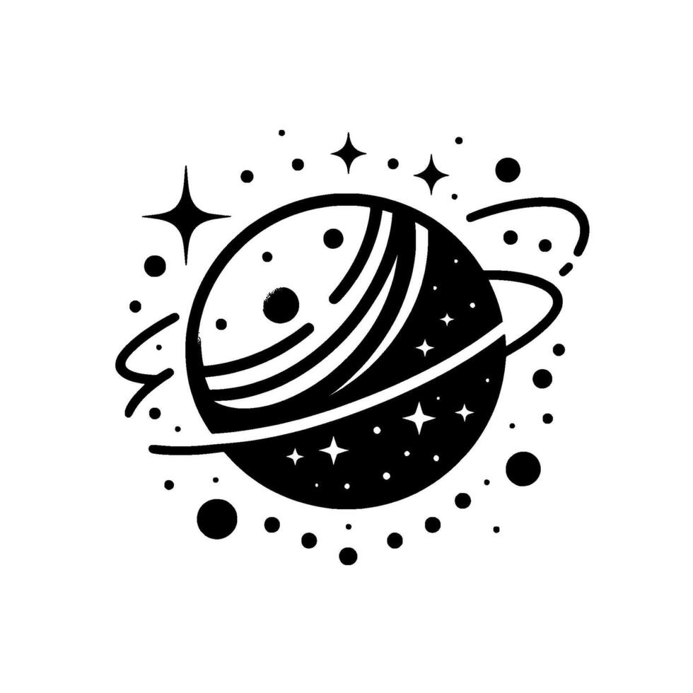 Simple black and white space illustration of a planet with rings, stars, and celestial bodies for decoration, isolated on white. vector