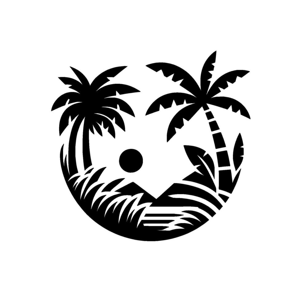 Silhouette of a tropical paradise featuring stylized palm trees, mountains, sun, and ocean in a circular frame. vector
