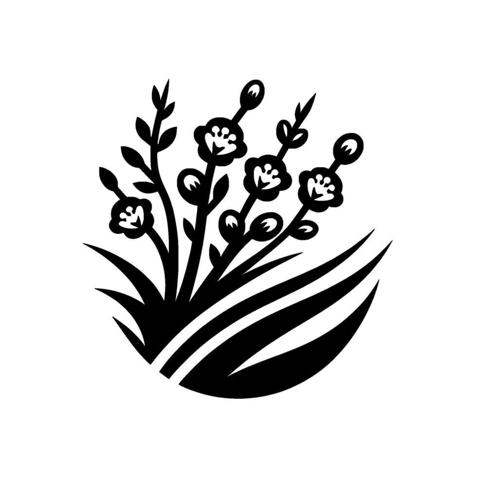 Artistic black and white stylized floral illustration featuring flower buds and foliage sprouting from a bed of curved grass on a white background. vector