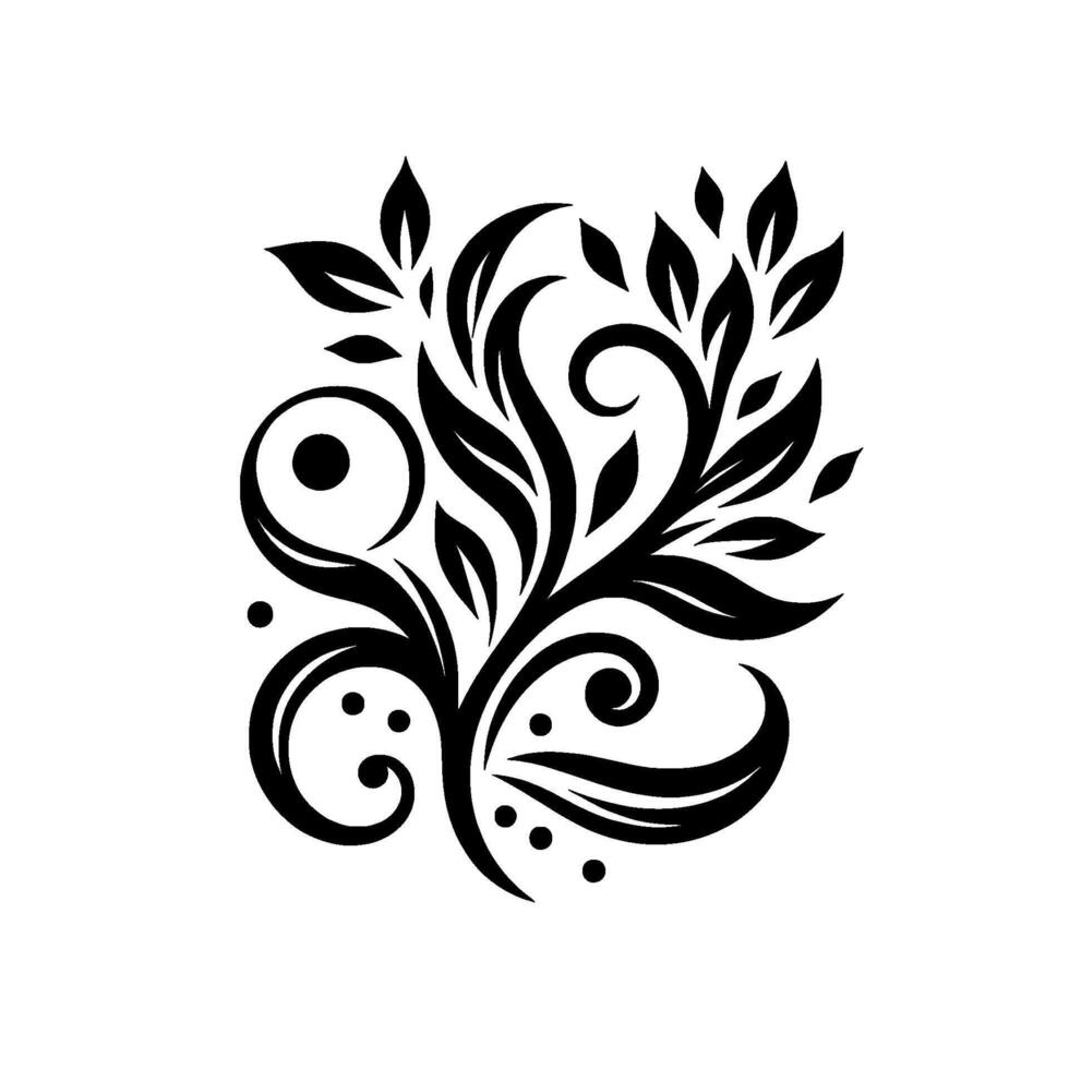 Intricate black floral on white background with swirling stems, leaves, and dot accents, creating a balanced, ornamental composition. vector