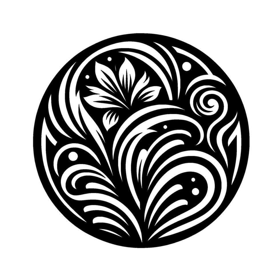 Elegant black and white circular floral with stylized leaves, swirls, and dots, evoking natures beauty. vector