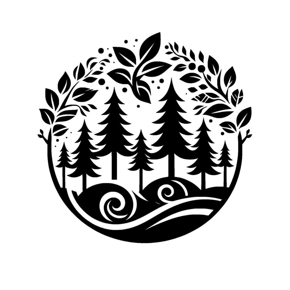 Black White Circular Nature Composition Forest of Fir Trees with Foliage Frame and Whimsical Swirls, Minimalist. vector
